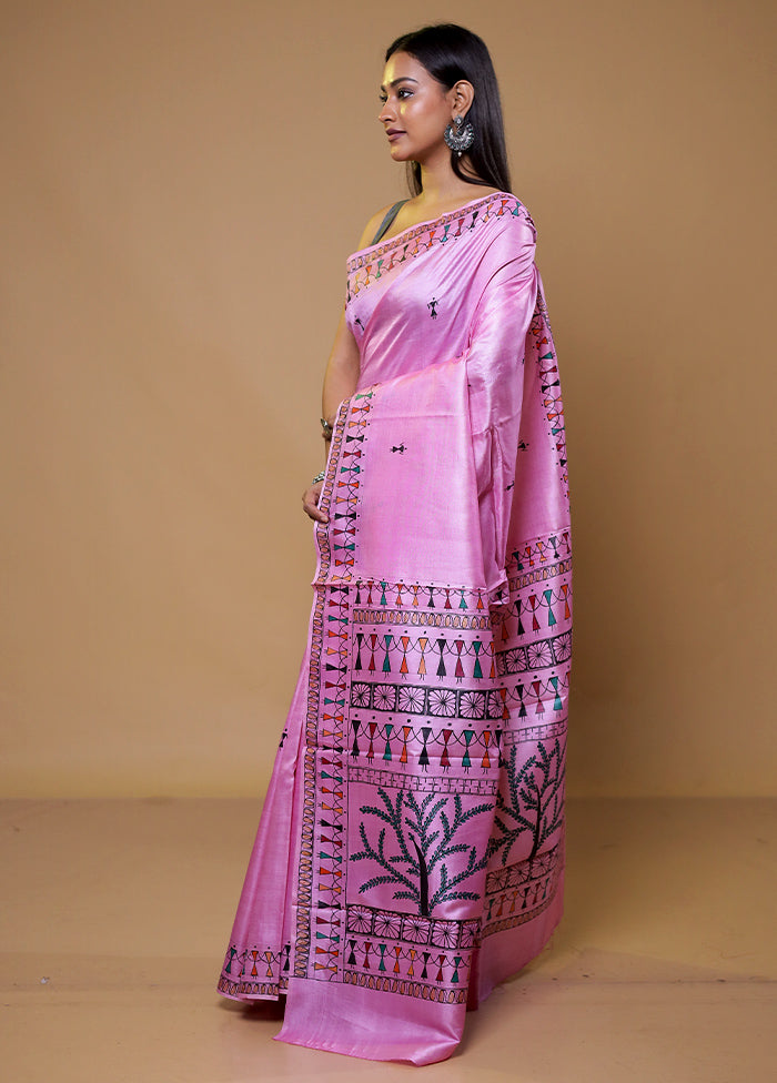 Pink Handloom Tussar Pure Silk Saree With Blouse Piece