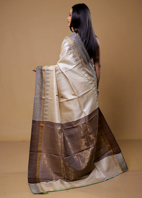 Cream Handloom Tussar Pure Silk Saree With Blouse Piece