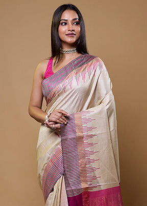 Cream Handloom Tussar Pure Silk Saree With Blouse Piece