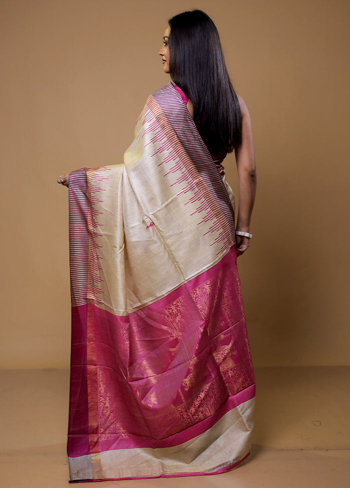 Cream Handloom Tussar Pure Silk Saree With Blouse Piece