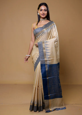 Cream Handloom Tussar Pure Silk Saree With Blouse Piece