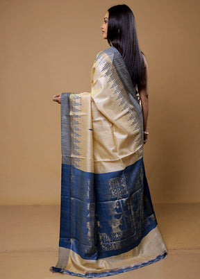 Cream Handloom Tussar Pure Silk Saree With Blouse Piece