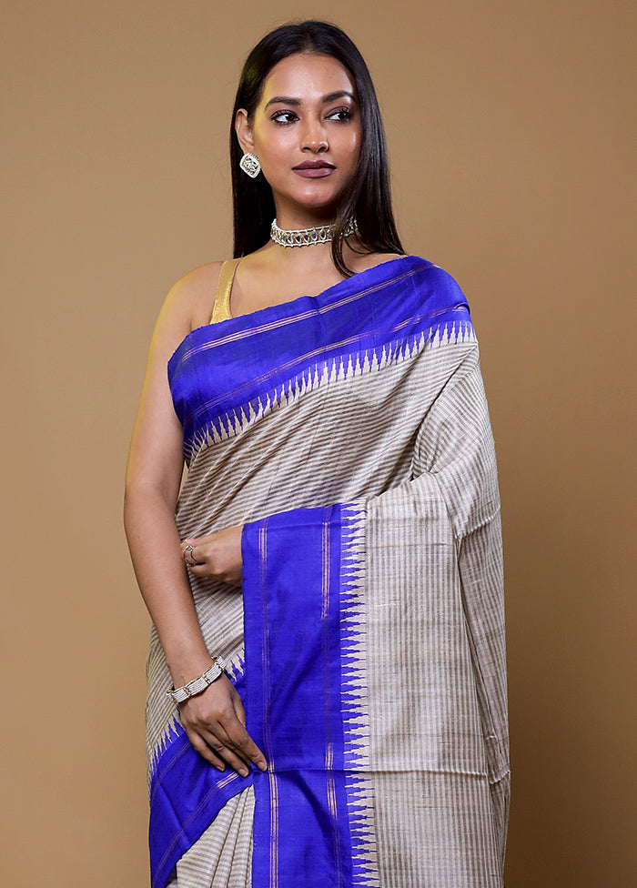 Cream Handloom Tussar Pure Silk Saree With Blouse Piece