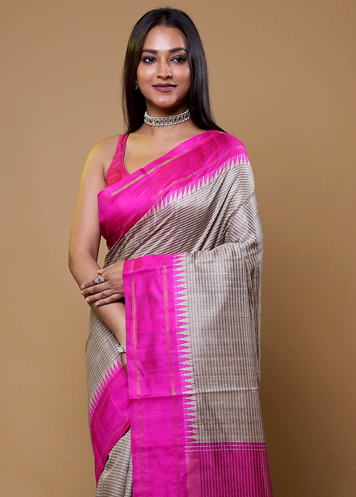 Cream Handloom Tussar Pure Silk Saree With Blouse Piece