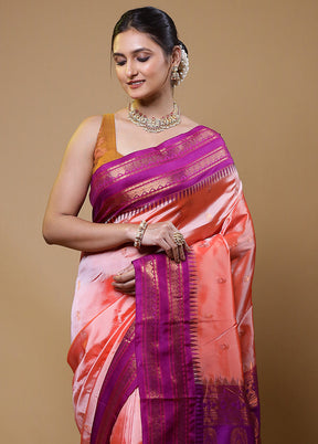 Peach Kanjivaram Silk Saree With Blouse Piece