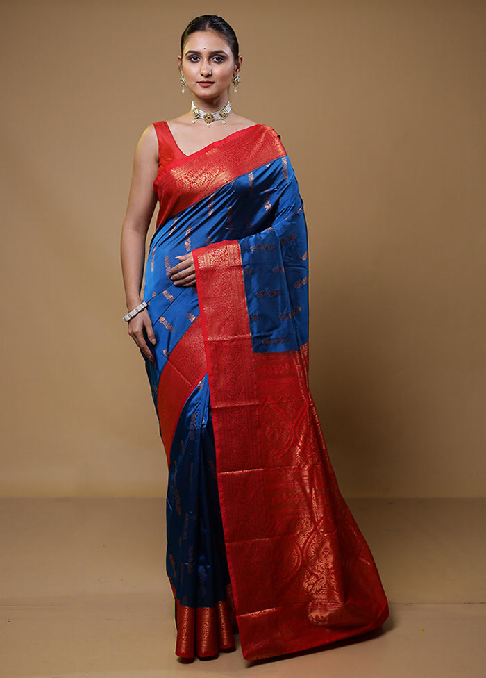 Blue Kanjivaram Silk Saree With Blouse Piece