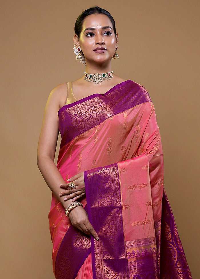 Pink Kanjivaram Silk Saree With Blouse Piece