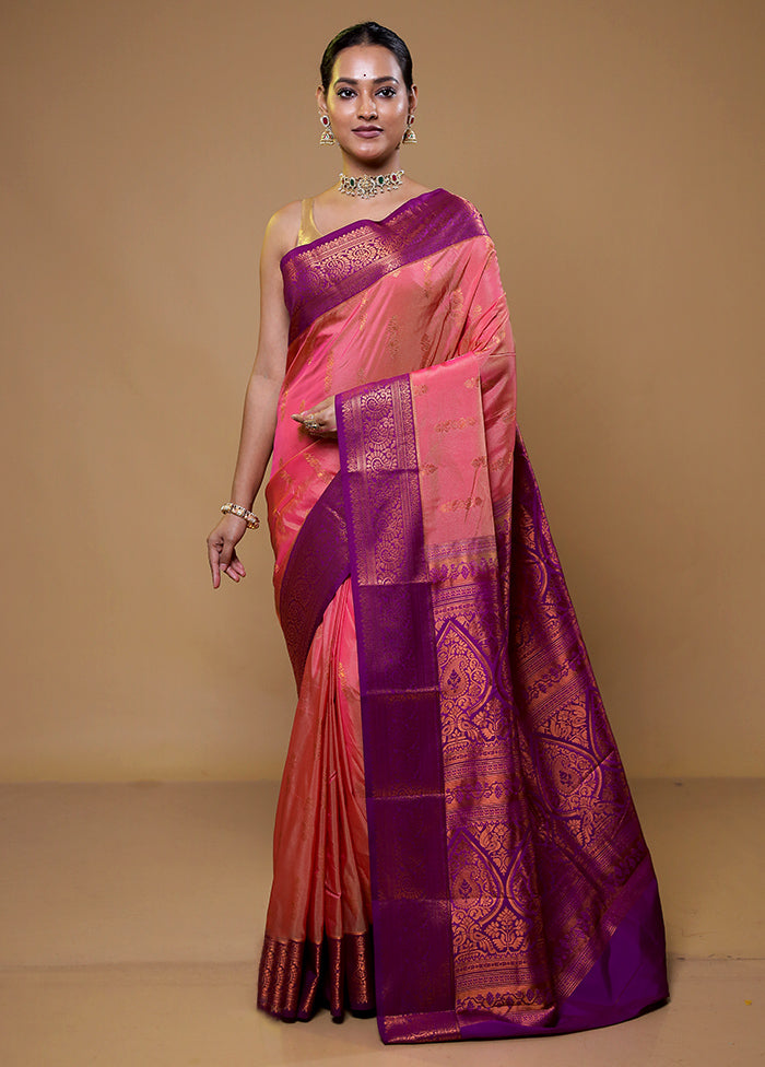 Pink Kanjivaram Silk Saree With Blouse Piece