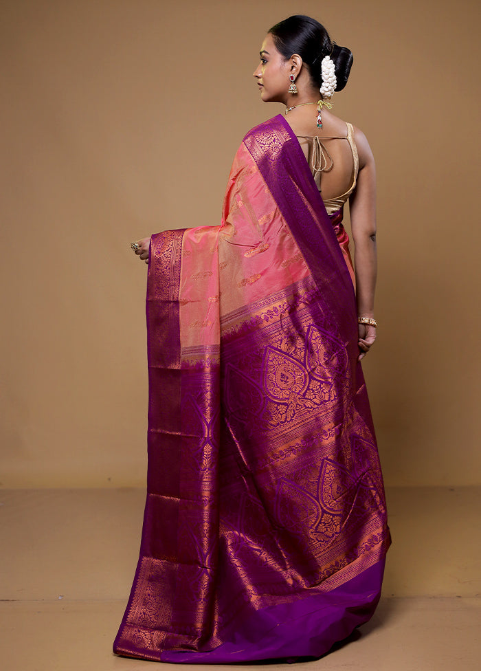 Pink Kanjivaram Silk Saree With Blouse Piece