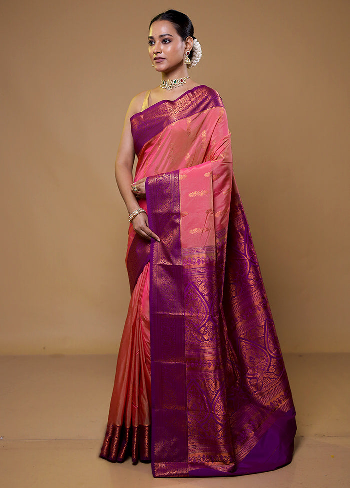 Pink Kanjivaram Silk Saree With Blouse Piece