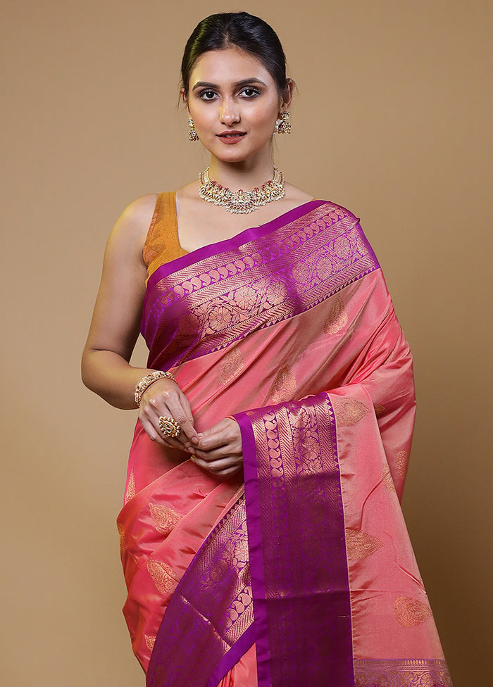 Pink Kanjivaram Silk Saree With Blouse Piece