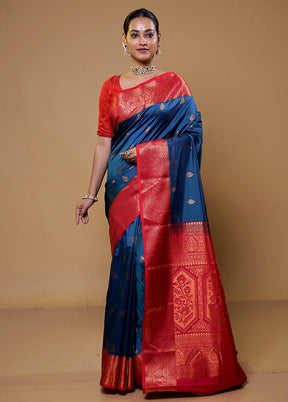 Blue Kanjivaram Silk Saree With Blouse Piece