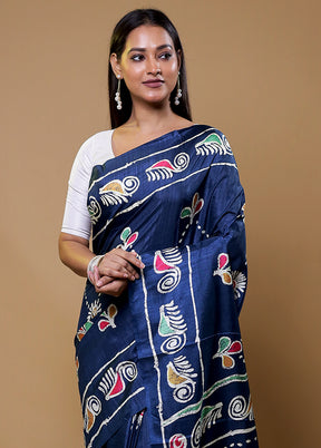 Blue Dupion Silk Saree With Blouse Piece