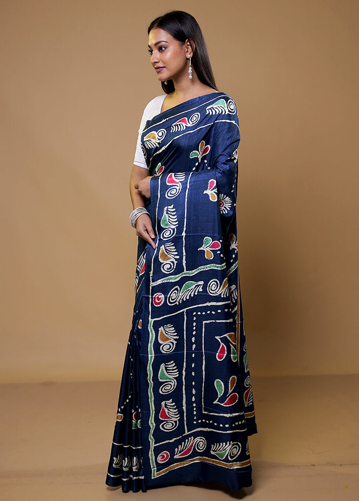 Blue Dupion Silk Saree With Blouse Piece