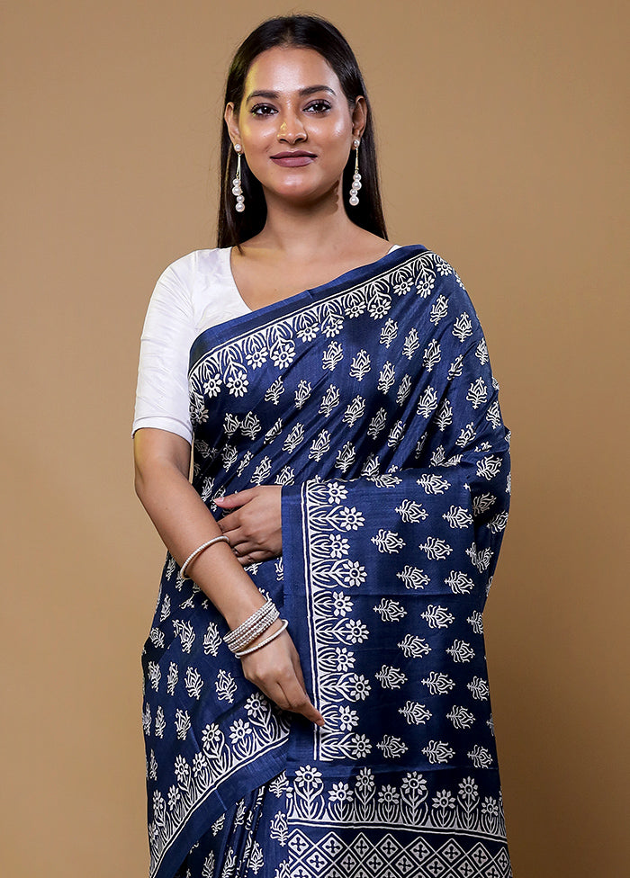 Blue Dupion Silk Saree With Blouse Piece