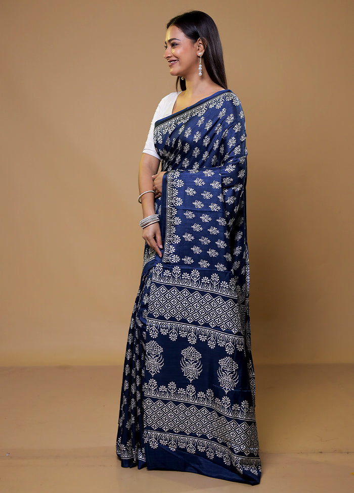 Blue Dupion Silk Saree With Blouse Piece