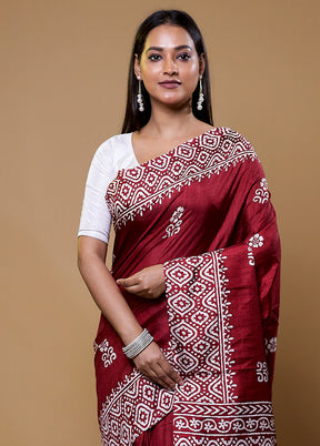 Maroon Dupion Silk Saree With Blouse Piece