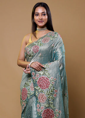 Green Crushed Tissue Silk Saree With Blouse Piece