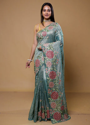 Green Crushed Tissue Silk Saree With Blouse Piece