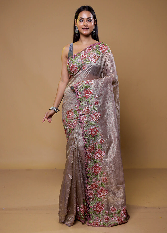 Grey Crushed Tissue Silk Saree With Blouse Piece