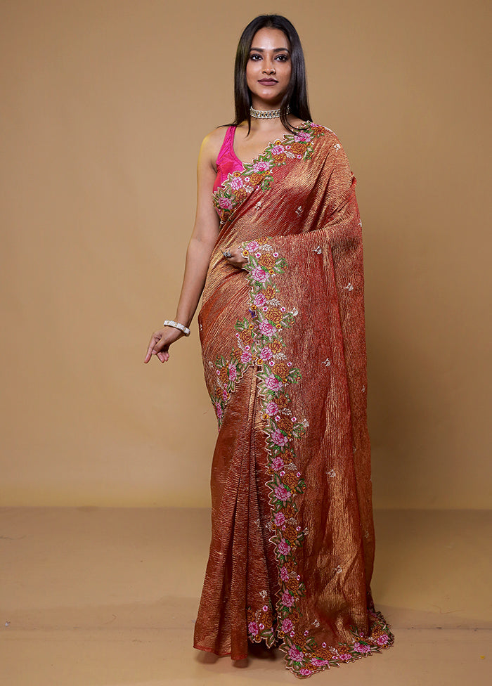 Rust Crushed Tissue Silk Saree With Blouse Piece