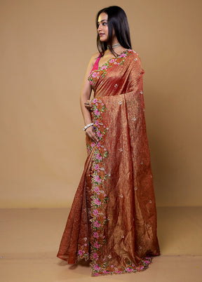 Rust Crushed Tissue Silk Saree With Blouse Piece