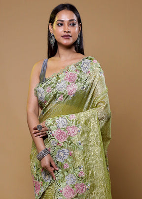 Green Crushed Tissue Silk Saree With Blouse Piece