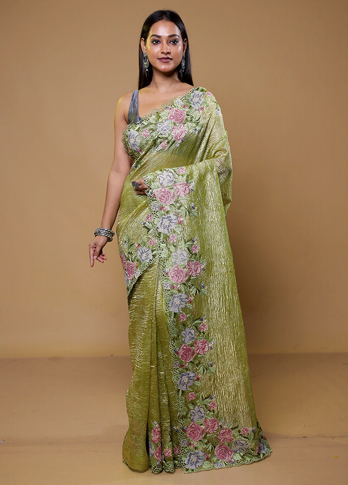 Green Crushed Tissue Silk Saree With Blouse Piece