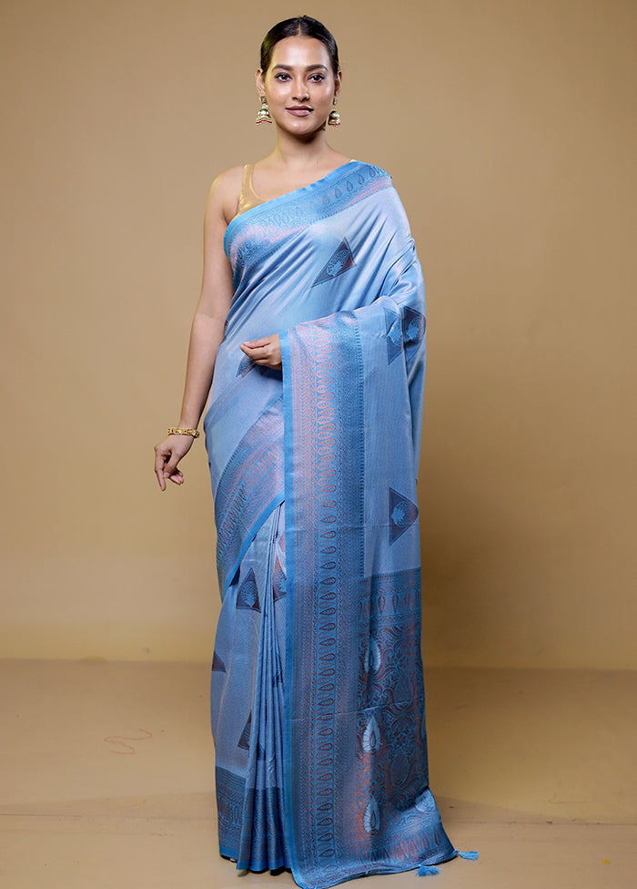 Blue Dupion Silk Saree With Blouse Piece