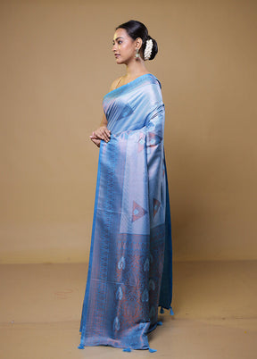 Blue Dupion Silk Saree With Blouse Piece