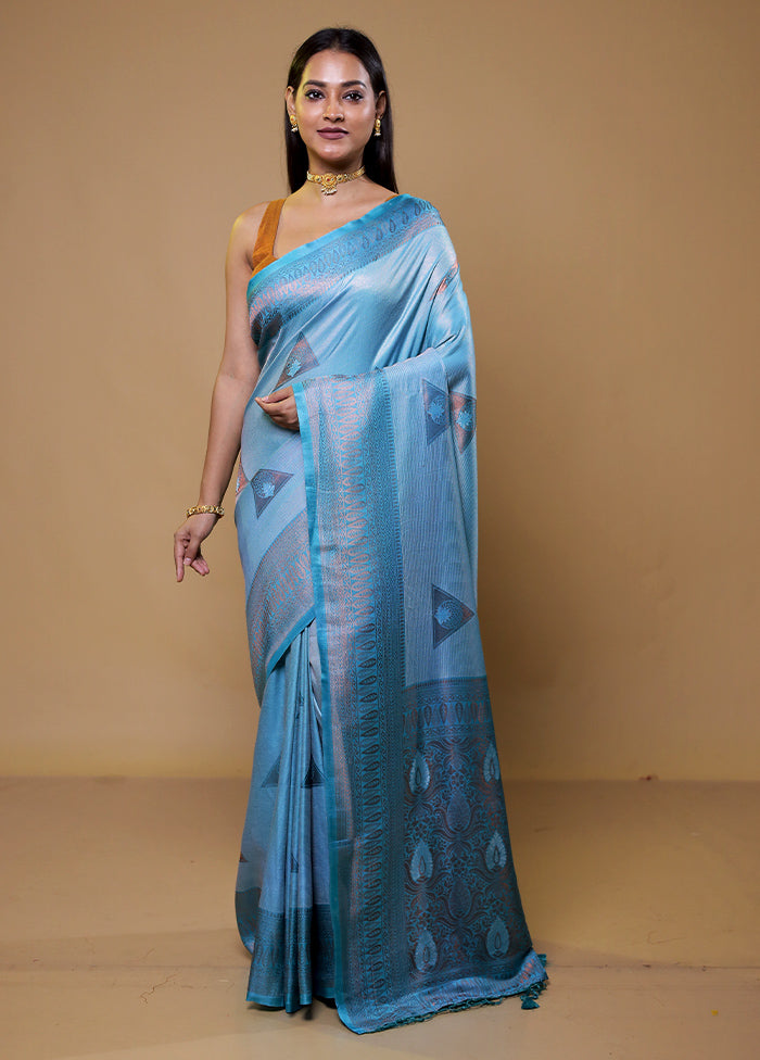 Blue Dupion Silk Saree With Blouse Piece