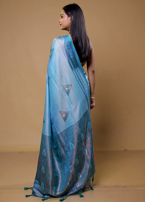 Blue Dupion Silk Saree With Blouse Piece