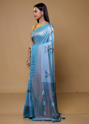 Blue Dupion Silk Saree With Blouse Piece