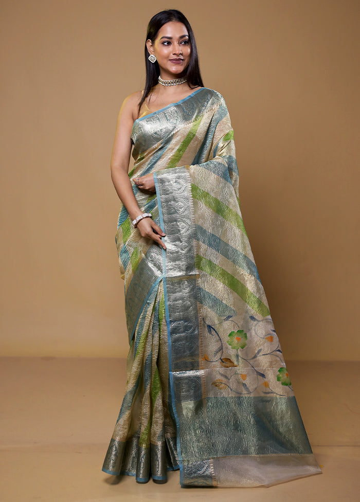 Cream Crushed Tissue Silk Saree With Blouse Piece