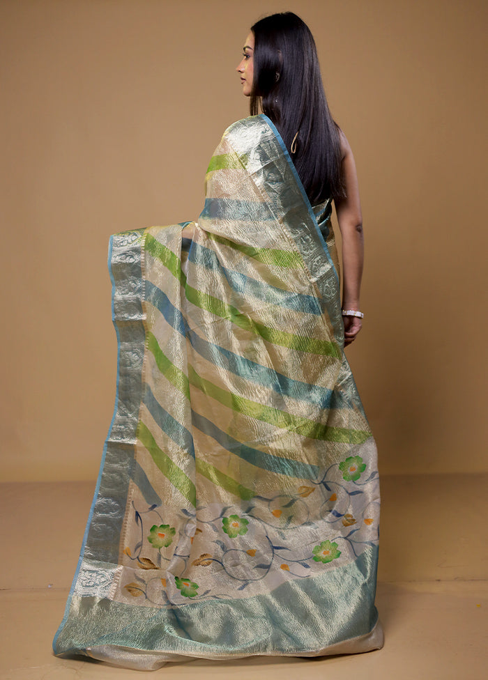 Cream Crushed Tissue Silk Saree With Blouse Piece