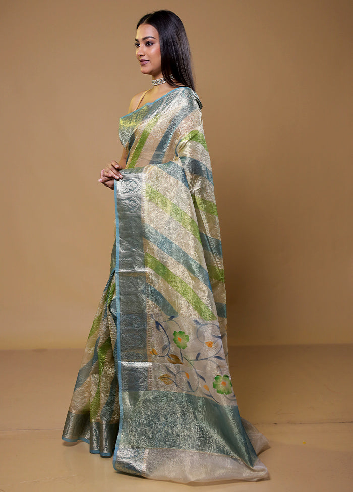 Cream Crushed Tissue Silk Saree With Blouse Piece