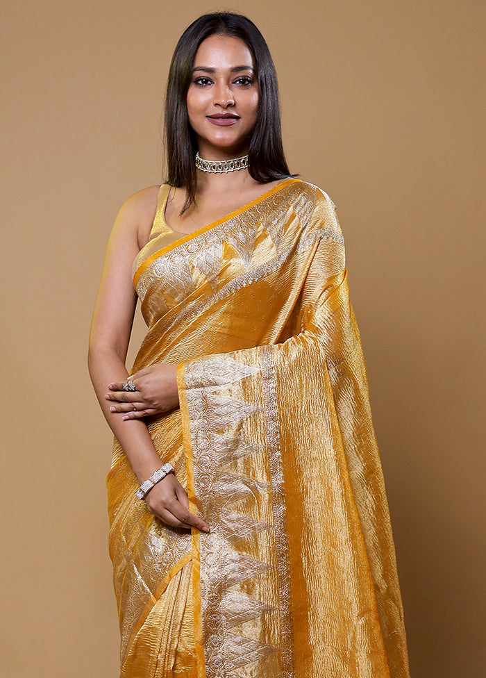 Yellow Crushed Tissue Silk Saree With Blouse Piece