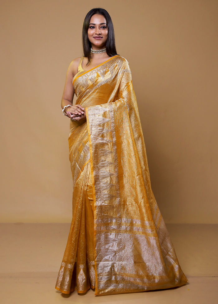 Yellow Crushed Tissue Silk Saree With Blouse Piece