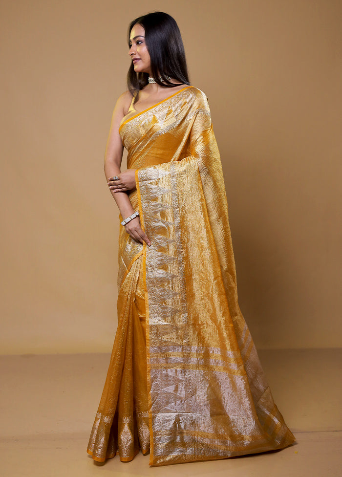 Yellow Crushed Tissue Silk Saree With Blouse Piece