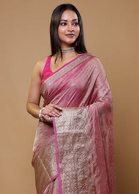 Pink Crushed Tissue Silk Saree With Blouse Piece