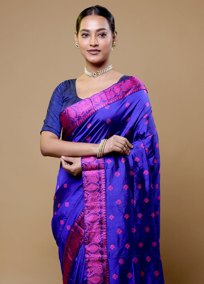 Blue Handloom Assam Pure Silk Saree With Blouse Piece