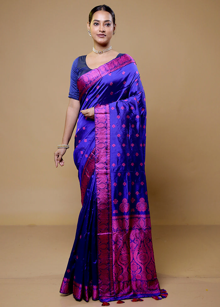 Blue Handloom Assam Pure Silk Saree With Blouse Piece