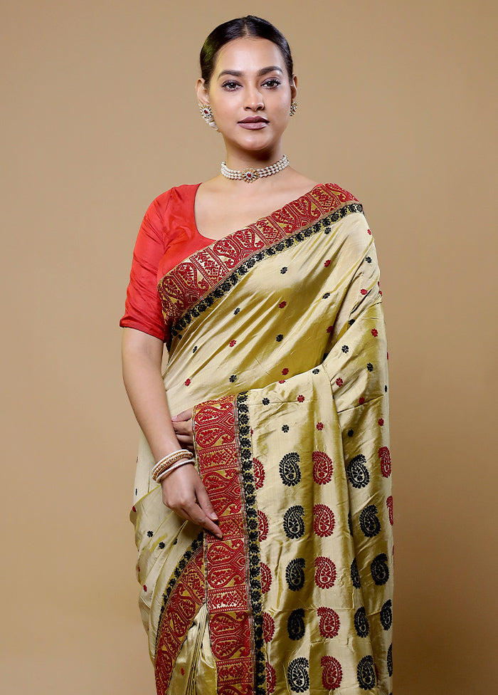 Yellow Handloom Assam Pure Silk Saree With Blouse Piece