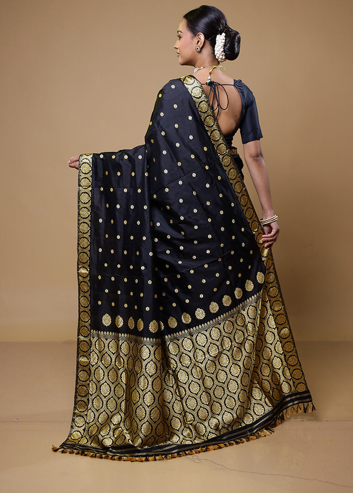 Black Handloom Assam Pure Silk Saree With Blouse Piece