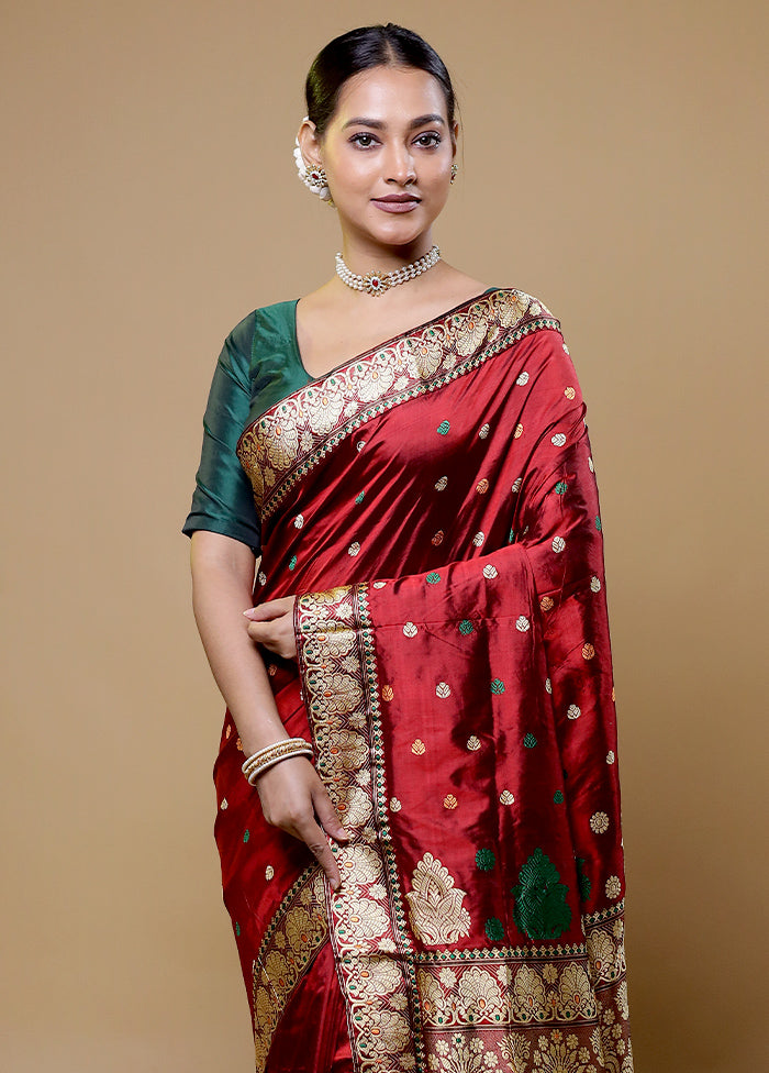 Maroon Handloom Assam Pure Silk Saree With Blouse Piece