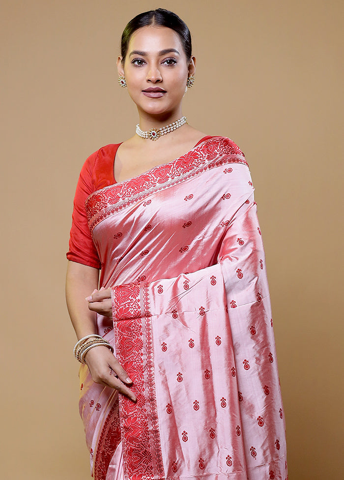 Pink Handloom Assam Pure Silk Saree With Blouse Piece