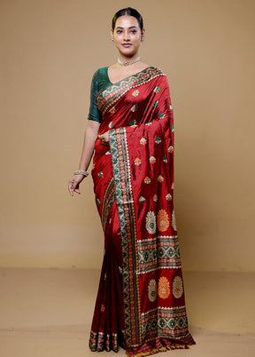 Maroon Handloom Assam Pure Silk Saree With Blouse Piece