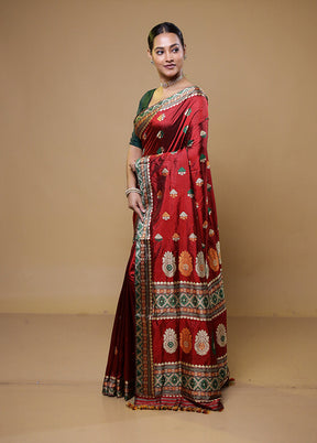 Maroon Handloom Assam Pure Silk Saree With Blouse Piece