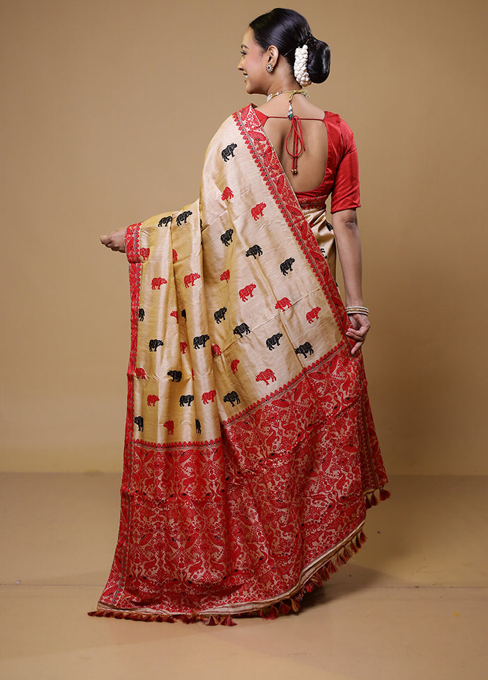 Cream Handloom Assam Pure Silk Saree With Blouse Piece