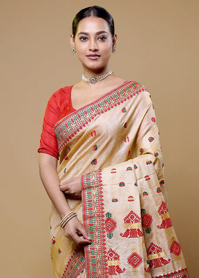 Cream Handloom Assam Pure Silk Saree With Blouse Piece